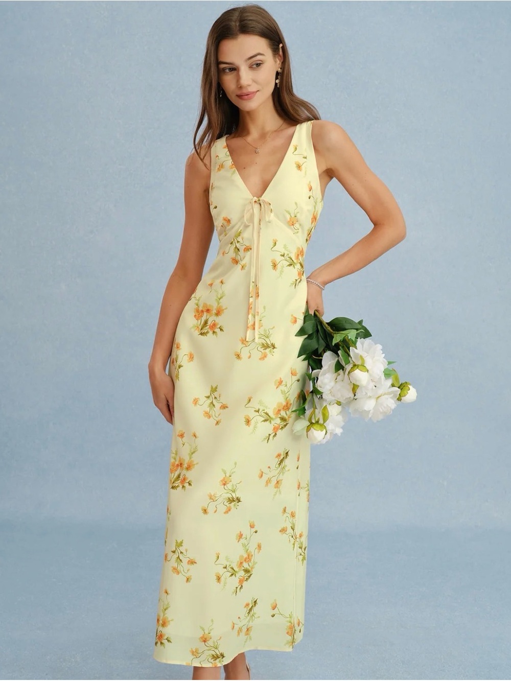 RIHOAS Light Yellow Floral Maxi Dress with Orange Accents